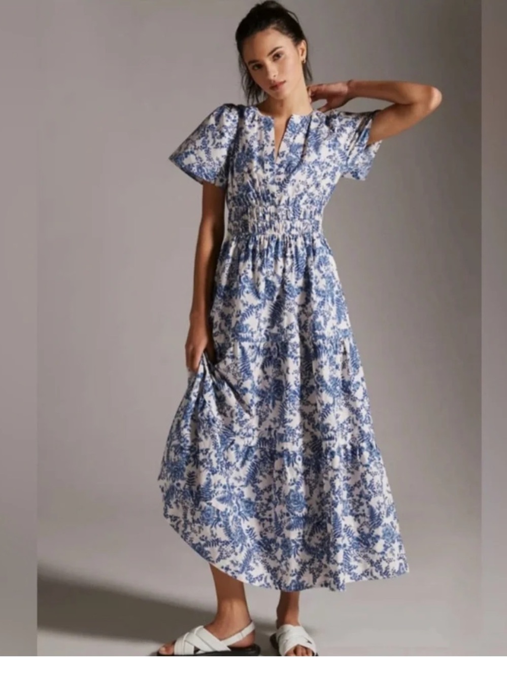 Anthropologie The Somerset Maxi Cotton Summer Dress Blue Floral White Size 2X